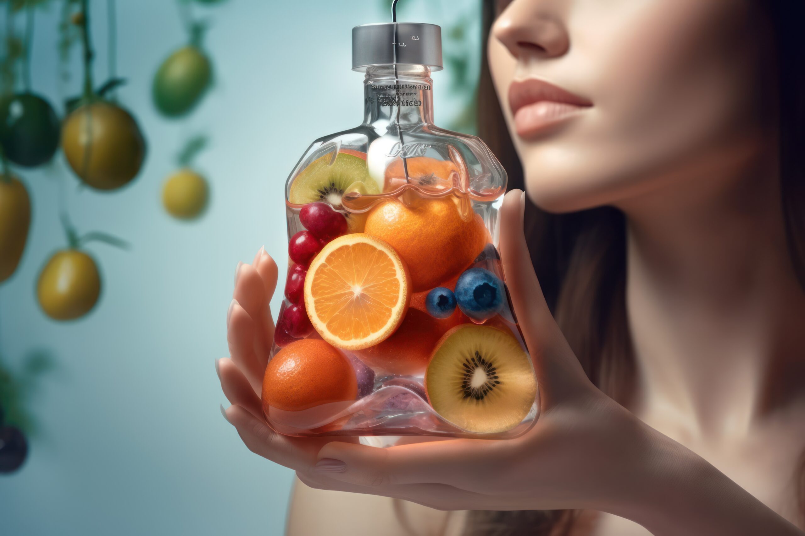 Beautiful woman keep sliced fruit in Luxury parfume bottle. Girl holding glass parfume bottle, orange forest background. Fruits Serum. iv serum bag. Generative AI https://deltamedspa.net/wp-content/uploads/2024/09/AdobeStock_588157813-scaled.jpeg